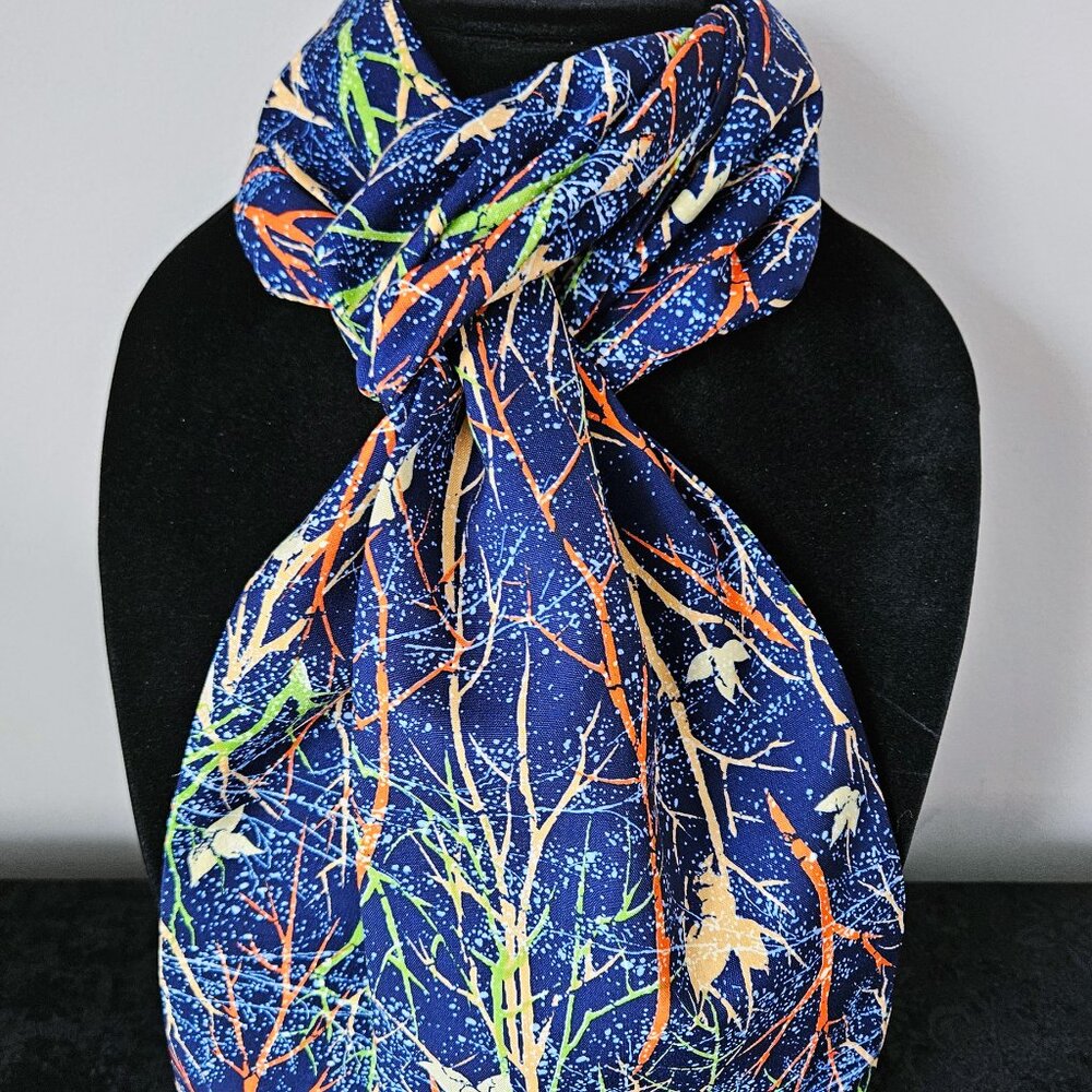 Japanese Kimono Scarf S3843 - Navy Blue with Orange Branches Wool